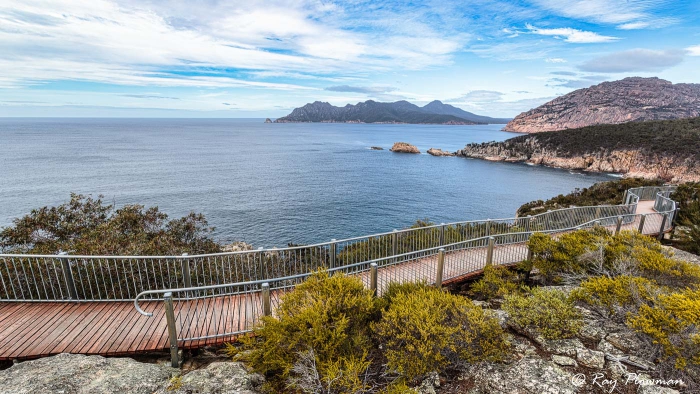 Boardwalk at Cape Tourville and view across Carp Bay in Freycinet National Park